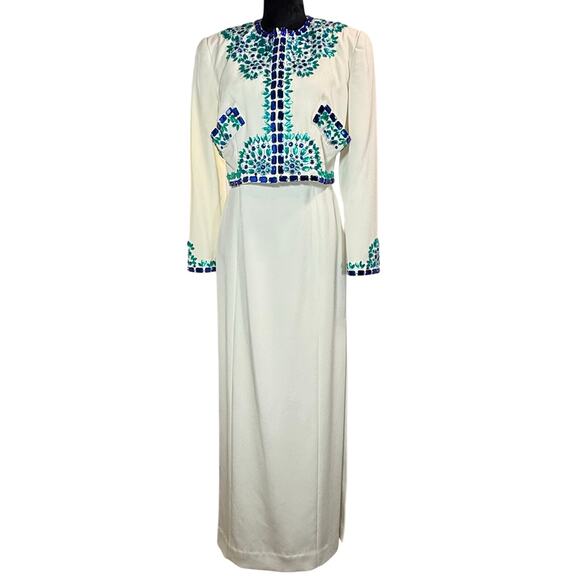 Vintage 90s Bill Blass White Evening Gown & Beaded Crop Jacket Set Size 6 - Picture 1 of 10